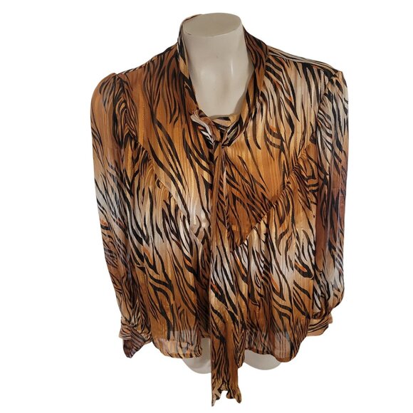 Tiger Print Sheer Long-Sleeve Blouse‎ With Tie Neck XL By Love & Story Polyester - Picture 1 of 6